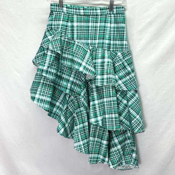 Amur Pippie Plaid Asymmetrical Ruffle Skirt Green Tiered Size 4 - Picture 3 of 8